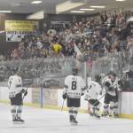 The Kenai River Brown Bears celebrate a second-period goal by Nick Stevens on Friday, April 28, 2023, at the Soldotna Regional Sports Complex in Soldotna, Alaska. (Photo by Jeff Helminiak)