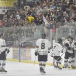 The Kenai River Brown Bears celebrate a second-period goal by Nick Stevens on Friday, April 28, 2023, at the Soldotna Regional Sports Complex in Soldotna, Alaska. (Photo by Jeff Helminiak)