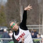 Kenai Centrals Emma Beck tosses the shot put Saturday, April 29, 2023, at Ed Hollier Field at Kenai Central High School in Kenai, Alaska. (Photo by Jeff Helminiak/Peninsula Clarion)