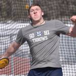 Soldotnas Kevin Steger throws the discus Saturday, April 29, 2023, at Ed Hollier Field at Kenai Central High School in Kenai, Alaska. (Photo by Jeff Helminiak/Peninsula Clarion)