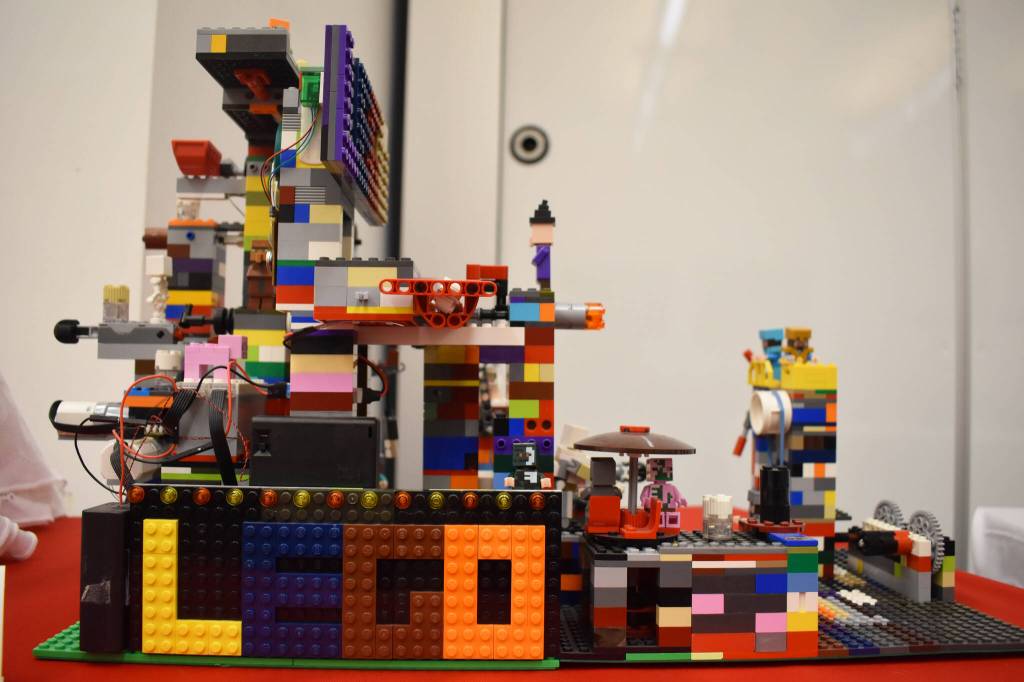 The Creation, by Elias S., is a massive structure composed of bright colors seen on Friday, April 28, 2023, part of Brick by Brick at the Kenai Community Library in Kenai, Alaska. (Jake Dye/Peninsula Clarion)