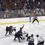 The puck drops on Game 3 of the Midwest Division semifinals Friday, April 28, 2023, at the Soldotna Regional Sports Complex in Soldotna, Alaska. (Photo by Jeff Helminiak/Peninsula Clarion)