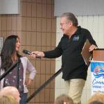 Hadassah Knight is introduced by Merrill Sikorski at the Caring for the Kenai Awards Celebration held during a Joint Chamber Luncheon on Wednesday, May 3, 2023, at the Soldotna Regional Sports Complex in Soldotna, Alaska. (Jake Dye/Peninsula Clarion)