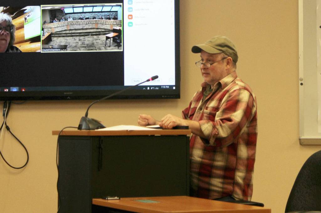 Dustin Aaronson, who owns Copy Cats Printing and Design in Kenai, speaks in support of a storefront improvement program during a Kenai City Council meeting on Wednesday, May 3, 2023, in Kenai, Alaska. (Ashlyn OHara/Peninsula Clarion)