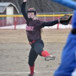 Kenai Central pitcher Lola McEwen delivers to Palmer on Thursday, May 4, 2023, at Steve Shearer Memorial Ball Park in Kenai, Alaska. (Photo by Jeff Helminiak/Peninsula Clarion)