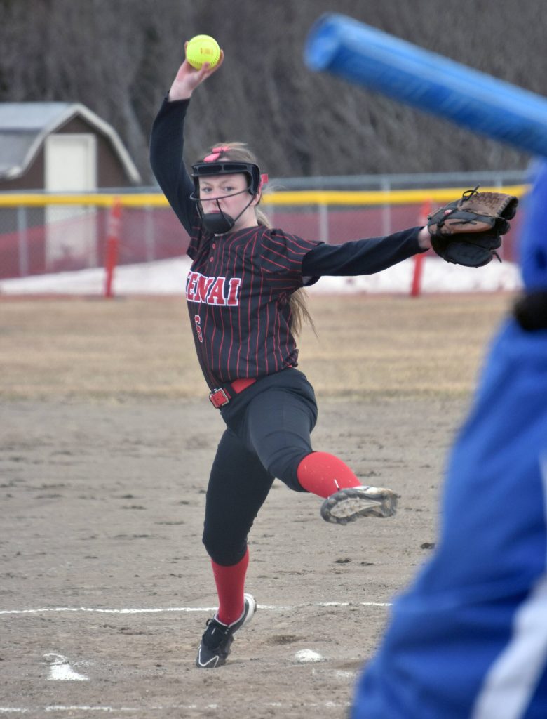 Kenai Central pitcher Lola McEwen delivers to Palmer on Thursday, May 4, 2023, at Steve Shearer Memorial Ball Park in Kenai, Alaska. (Photo by Jeff Helminiak/Peninsula Clarion)