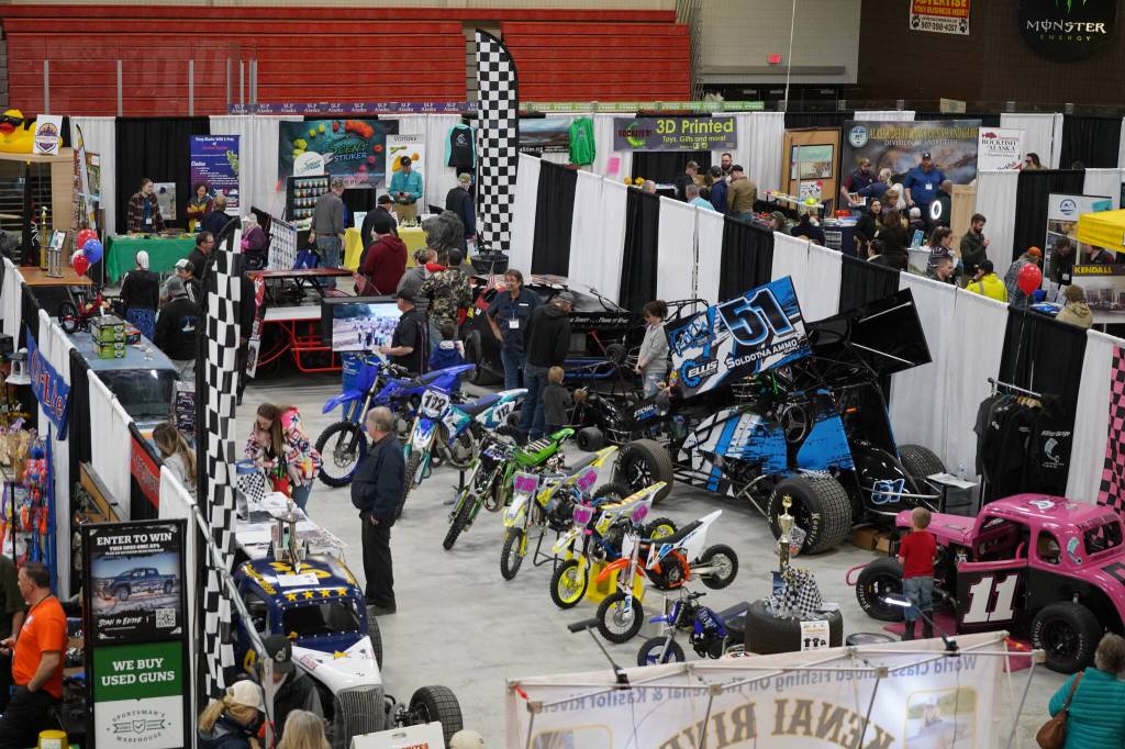 Vehicles and vendors fill the floor at the Kenai Peninsula Sport, Rec & Trade Show on Saturday, May 6, 2023, at the Soldotna Regional Sports Complex in Soldotna, Alaska. (Jake Dye/Peninsula Clarion)