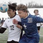 Kenai Centrals Enrique Mercado and Soldotnas Johnny Wardas battle for the ball Monday, May 8, 2023, at Justin Maile Field at Soldotna High School in Soldotna, Alaska. (Photo by Jeff Helminiak/Peninsula Clarion)