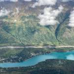 An area cleared to make way for the Cooper Landing Bypass project can be seen above the intersection of the Kenai River and Kenai Lake in Cooper Landing, Alaska, on Sept. 6, 2021. (Photo by Jeff Helminiak/Peninsula Clarion)