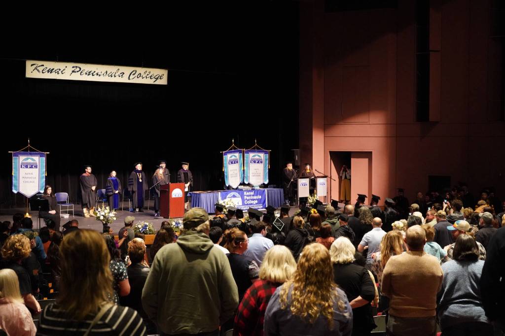 Graduates and their families fill the Renee C. Henderson Auditorium for Kenai Peninsula Colleges 53rd annual commencement on Thursday, May 11, 2023, in Kenai, Alaska. (Jake Dye/Peninsula Clarion)