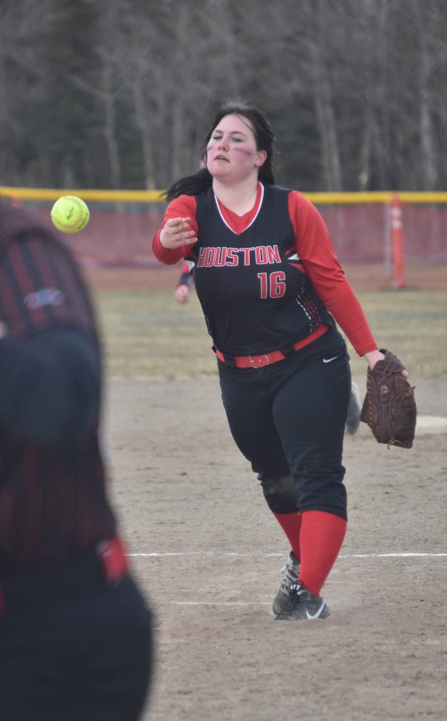 Houston's Morgan Chace delivers to Kenai Central on Thursday, May 11, 2023, at the Steve Shearer Memorial Ball Park in Kenai, Alaska. (Photo by Jeff Helminiak/Peninsula Clarion)