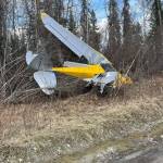A plane sits in brush on Fontaine Ave. at around 5:45 p.m. after a crash on Thursday, May 11, 2023 near Sterling, Alaska. Photo courtesy Alisha Joe.