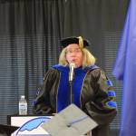 Keynote speaker Dr. Paula Martin addresses the graduates at the 2023 Kachemak Bay Campus commencement on Wednesday, May 10, 2023, in Homer, Alaska. (Photo by Delcenia Cosman/Homer News)