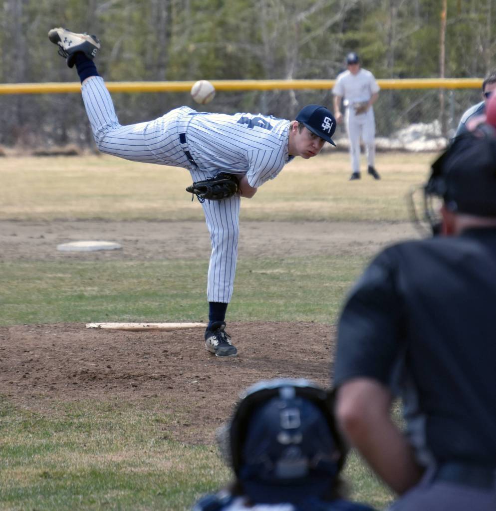 Soldotnas Andrew Pieh delivers to Wasilla on Saturday, May 13, 2023, at the Soldotna Little League fields in Soldotna, Alaska. (Photo by Jeff Helminiak/Peninsula Clarion)