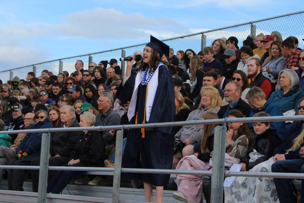 Soldotna High School Student Body President Ashley Dahlstrom performs Lee Ann Womacks I Hope You Dance during a graduation ceremony on Monday, May 15, 2023, in Soldotna, Alaska. (Ashlyn OHara/Peninsula Clarion)