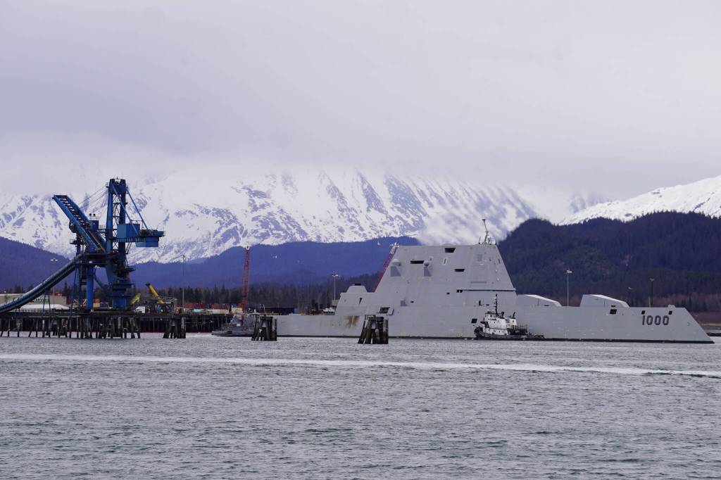 The USS Zumwalt docks in Seward, Alaska on Friday, May 12, 2023. (Jake Dye/Peninsula Clarion)