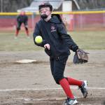 Kenai Centrals Lola McEwen delivers to Homer on Tuesday, May 16, 2023, at Steve Shearer Memorial Ball Park in Kenai, Alaska. (Photo by Jeff Helminiak/Peninsula Clarion)