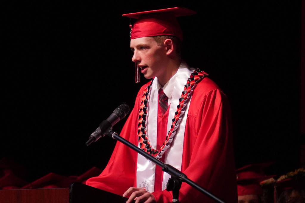 Senior Class Speaker Irving Roc Riggle addresses the Kenai Central High School Class of 2023 during a graduation ceremony on Wednesday, May 17, 2023, at Kenai Central High School in Kenai, Alaska. (Jake Dye/Peninsula Clarion)