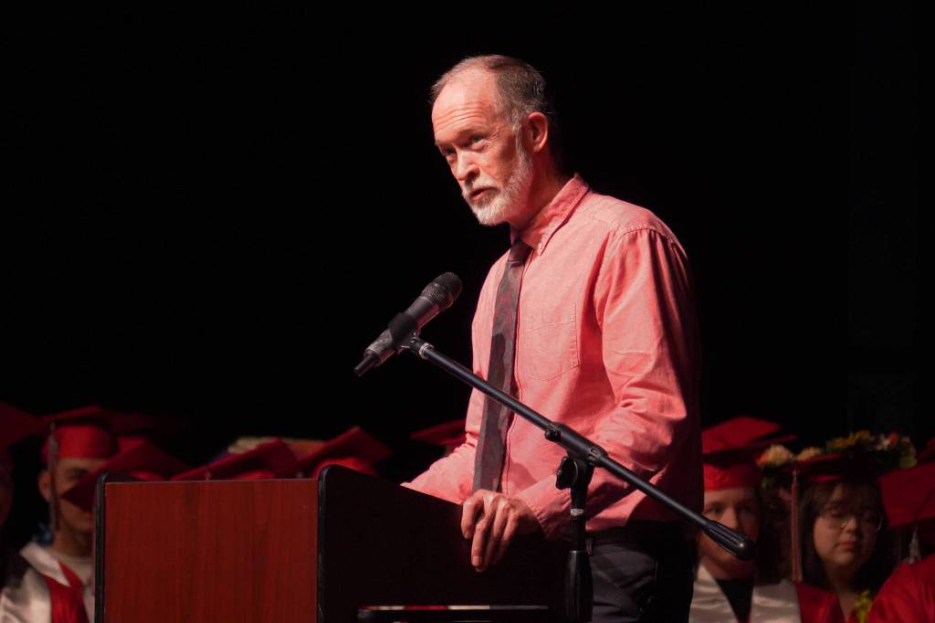 Commencement Speaker Doug Armstrong addresses the Class of 2023 during the Kenai Central High School graduation ceremony on Wednesday, May 17, 2023, at Kenai Central High School in Kenai, Alaska. (Jake Dye/Peninsula Clarion)