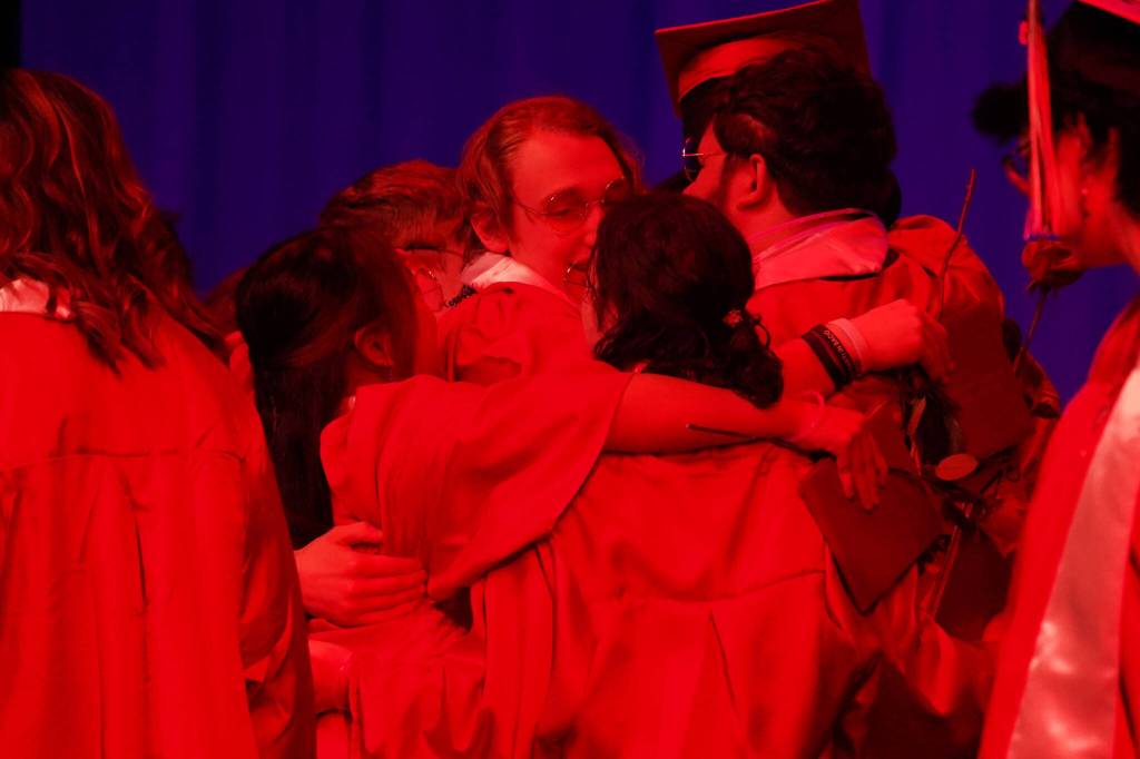 Kenai Central High School graduates celebrate after their graduation ceremony on Wednesday, May 17, 2023, at Kenai Central High School in Kenai, Alaska. (Jake Dye/Peninsula Clarion)