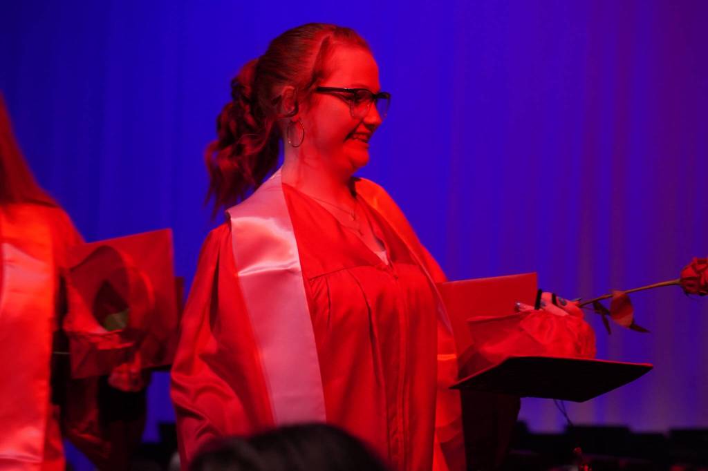 Kenai Central High School graduates celebrate after their graduation ceremony on Wednesday, May 17, 2023, at Kenai Central High School in Kenai, Alaska. (Jake Dye/Peninsula Clarion)