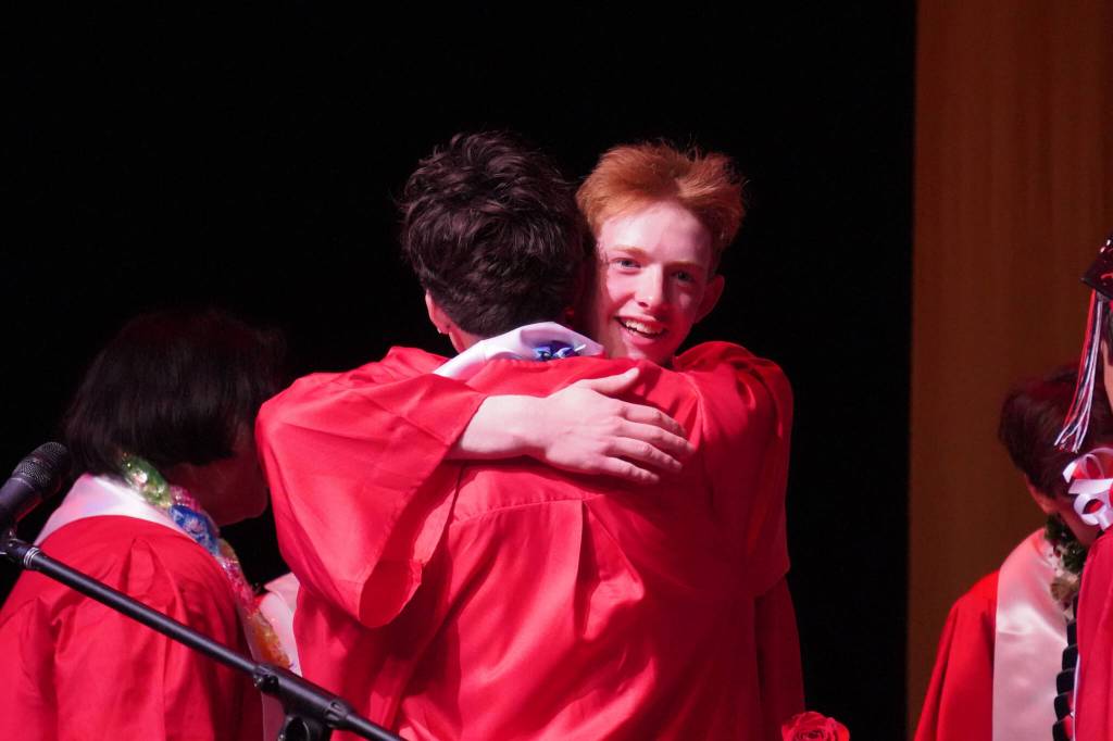 Kenai Central High School graduates celebrate after their graduation ceremony on Wednesday, May 17, 2023, at Kenai Central High School in Kenai, Alaska. (Jake Dye/Peninsula Clarion)