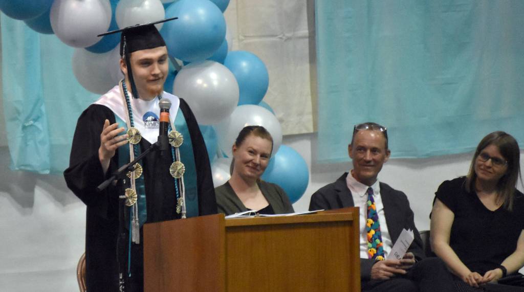 Garrett Ussing gives a speech at the River City Academy graduation on Wednesday, May 17, 2023, at River City Academy inside Skyview Middle School just outside of Soldotna, Alaska. It is tradition at River City Academy to give all students the option of speaking. I wasnt actually going to say a speech, but my sister gave me a look that said shed kill me if I didnt, Ussing said. (Photo by Jeff Helminiak/Peninsula Clarion)