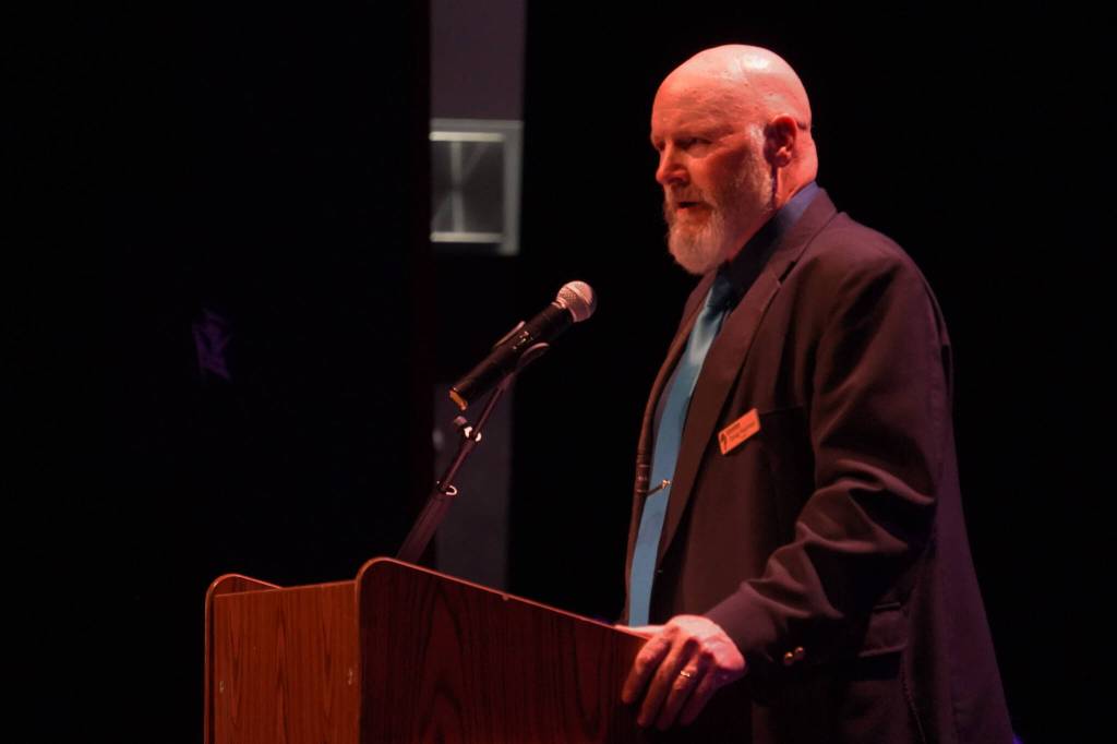 Connections Homeschool Principal Douglas Hayman speaks during the Connections Homeschool graduation ceremony on Thursday, May 18, 2023, at Soldotna High School in Soldotna, Alaska. (Jake Dye/Peninsula Clarion)