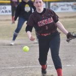 Kenai Central pitcher Avery Ellis delivers to Soldotna on Thursday, May 18, 2023, at the Soldotna Little League fields in Soldotna, Alaska. (Photo by Jeff Helminiak/Peninsula Clarion)