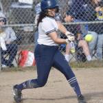Soldotnas Miah Mead lines out against Kenai Central on Thursday, May 18, 2023, at the Soldotna Little League fields in Soldotna, Alaska. (Photo by Jeff Helminiak/Peninsula Clarion)