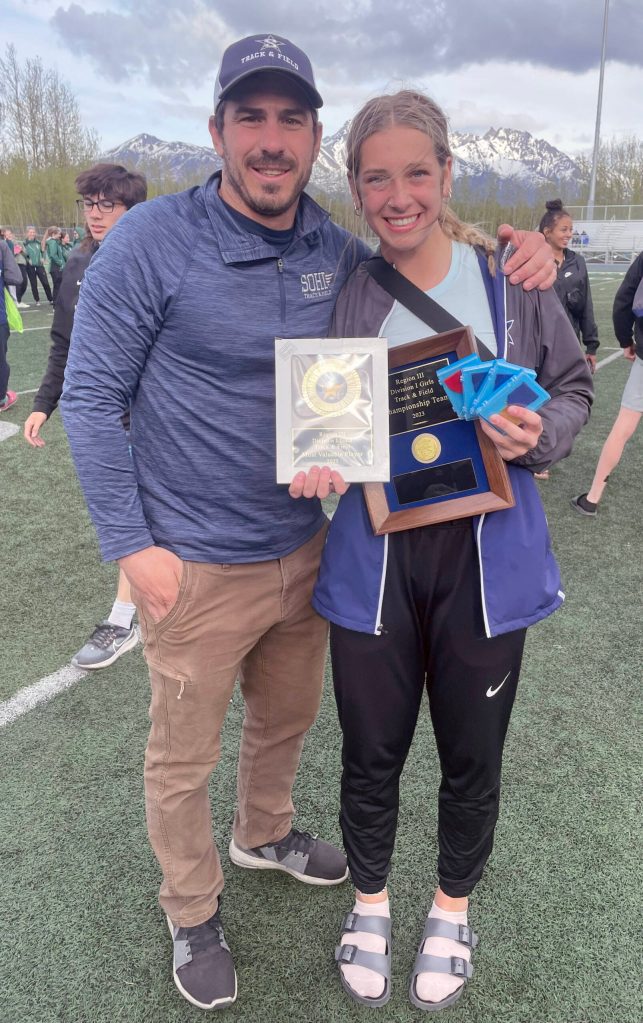 Phil Leck and Katelyn Morrison on Saturday, May 21, 2023, at the Region 3/Division I track and field meet at Palmer High School in Palmer, Alaska. Morrison was named the Region 3 athlete of the year. (Photo provided)