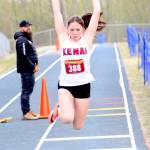 Kenai Central junior Emilee Wilson won the Division II triple jump with a leap of 31 feet, 2 3/4 inches, during the Region 3 track and field meet Friday, May 19, 2023, at Palmer High School in Palmer, Alaska. (Jeremiah Bartz/Frontiersman)