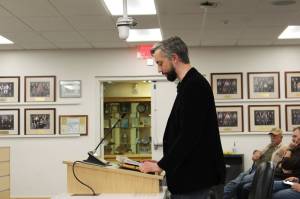 KPEA President Nathan Erfurth speaks before the Kenai Peninsula Borough School District Board of Education on Monday, July 12, 2021, in Soldotna, Alaska. (Ashlyn OHara/Peninsula Clarion)