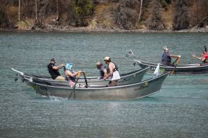 Contestants race down the Kenai River during the 16th Annual Cooper Landing Drift Boat Regatta near the Eagle Landing Resort in Cooper Landing, Alaska, on Saturday, May 20, 2023. (Jake Dye/Peninsula Clarion)