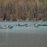 Contestants race down the Kenai River during the 16th Annual Cooper Landing Drift Boat Regatta near the Eagle Landing Resort in Cooper Landing, Alaska, on Saturday, May 20, 2023. (Jake Dye/Peninsula Clarion)