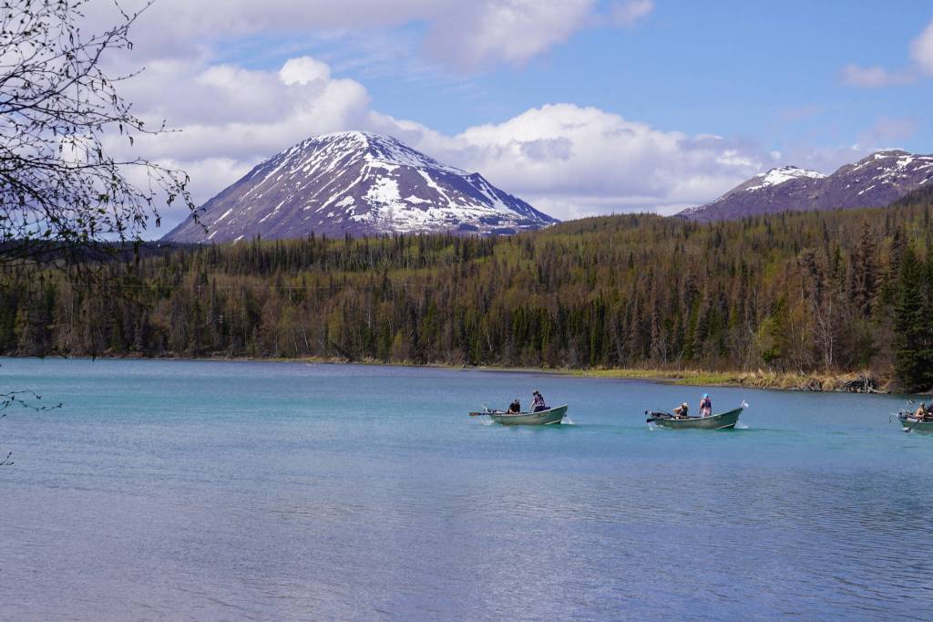 Contestants race down the Kenai River during the 16th Annual Cooper Landing Drift Boat Regatta near the Eagle Landing Resort in Cooper Landing, Alaska, on Saturday, May 20, 2023. (Jake Dye/Peninsula Clarion)