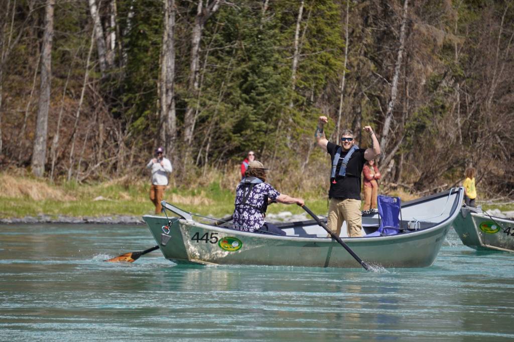 Contestants race down the Kenai River during the 16th Annual Cooper Landing Drift Boat Regatta near the Kenai Princess Wilderness Lodge in Cooper Landing, Alaska, on Saturday, May 20, 2023. (Jake Dye/Peninsula Clarion)
