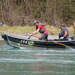Contestants race down the Kenai River during the 16th Annual Cooper Landing Drift Boat Regatta near the Kenai Princess Wilderness Lodge in Cooper Landing, Alaska, on Saturday, May 20, 2023. (Jake Dye/Peninsula Clarion)