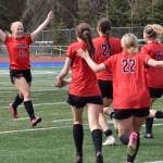 Kenai Centrals Kate Wisnewski celebrates making the game-winning penalty kick on Saturday, May 20, 2023, in the championship game of the Peninsula Conference tournament at Justin Maile Field at Soldotna High School in Soldotna, Alaska. (Photo by Jeff Helminiak/Peninsula Clarion)