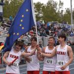 Kenai Centrals Reagan Graves, Robert Hayes, Ransom Hayes and Daniel McRorie celebrate victory in the Division II 400-meter relay Saturday, May 27, 2023, at the state track and field meet at Palmer High School in Palmer, Alaska. (Photo by Jeff Helminiak/Peninsula Clarion)