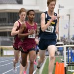 Homers Seamus McDonough is chased by Grace Christians David Sliwinski and Robbie Annett in the Division II 1,600-meter run Saturday, May 27, 2023, at the state track and field meet at Palmer High School in Palmer, Alaska. (Photo by Jeff Helminiak/Peninsula Clarion)