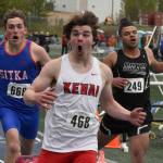 Kenai Central's Reagan Graves reacts after winning the Division II 200-meter dash Saturday, May 27, 2023, at the state track and field meet at Palmer High School in Palmer, Alaska. (Photo by Jeff Helminiak/Peninsula Clarion)
