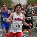 Kenai Centrals Reagan Graves reacts after winning the Division II 200-meter dash Saturday, May 27, 2023, at the state track and field meet at Palmer High School in Palmer, Alaska. (Photo by Jeff Helminiak/Peninsula Clarion)