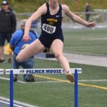 Homers Gracie Miotke wins the Division II 300-meter hurdles Saturday, May 27, 2023, at the state track and field meet at Palmer High School in Palmer, Alaska. (Photo by Jeff Helminiak/Peninsula Clarion)