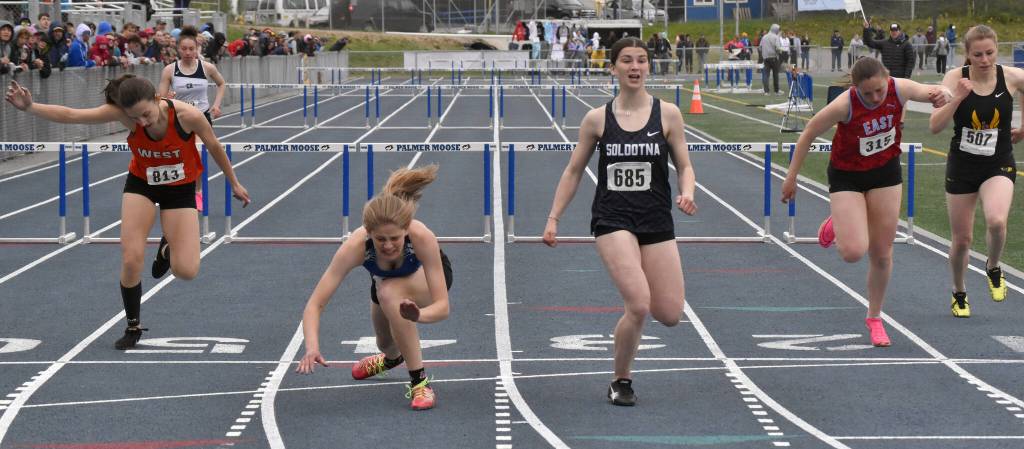 Soldotnas Anaulie Sedivy wins the Division I 300-meter hurdles Saturday, May 27, 2023, at the state track and field meet at Palmer High School in Palmer, Alaska. (Photo by Jeff Helminiak/Peninsula Clarion)