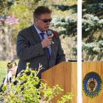 City of Kenai Mayor Brian Gabriel speaks during a Memorial Day ceremony on Monday, May 29, 2023, at Leif Hanson Memorial Park in Kenai, Alaska. (Jake Dye/Peninsula Clarion)