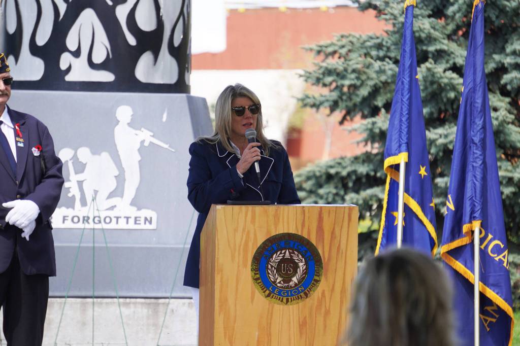 Elaina Spraker speaks on behalf of Sen. Dan Sullivan during a Memorial Day ceremony on Monday, May 29, 2023, at Leif Hanson Memorial Park in Kenai, Alaska. (Jake Dye/Peninsula Clarion)