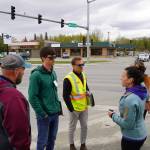 Transportation professionals discuss concerns and suggest solutions at the Sterling Highway and Birch Avenue intersection in Soldotna, Alaska, on Monday, May 22, 2023. (Jake Dye/Peninsula Clarion)