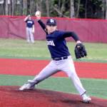 Soldotna's Trenton Ohnemus fires a pitch against the Palmer Moose during the Division II state quarterfinal game Thursday, June 1, 2023, at Wasilla High School. (Jeremiah Bartz/Frontiersman)