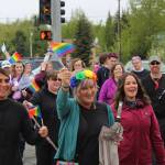 Marchers arrive at Soldotna Creek Park as part of Soldotna Pride in the Park on Saturday, June 3, 2023 in Soldotna, Alaska. (Ashlyn O'Hara/Peninsula Clarion)